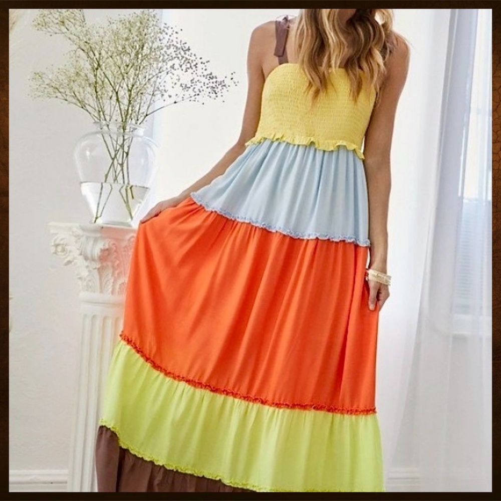 Lux Smocked Bodice Ruffle Trim Tiers Part Lined Skirt Shoulder Ties - Picture 15 of 16